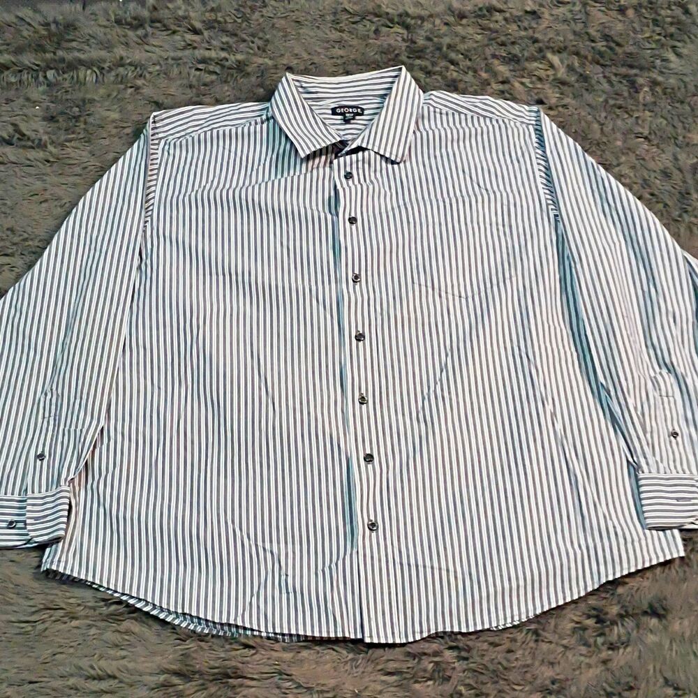 George Regular Fit Dress Shirt Long Sleeve Big & Tall 2XL Gray Blue Stripe